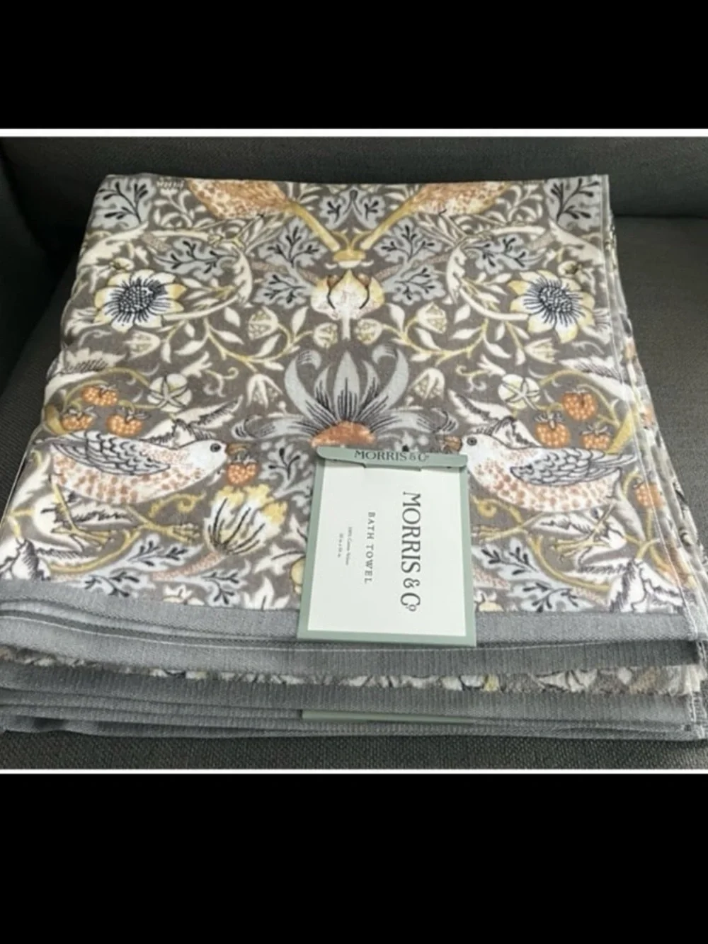 4pc William Morris Co Bath Towels Strawberry Thief Grey Velour Towel Set NEW